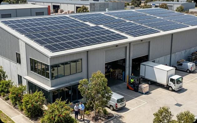 Commercial-scale solar array on a warehouse roof sized for a 30kW business installation