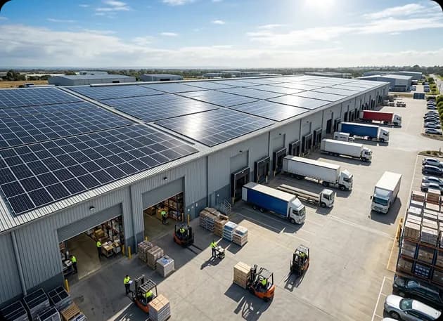 Storage and manufacturing facility roof lined with solar panels for high daytime consumption