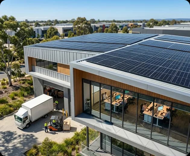 Solar panels on an office and warehouse roofline showing daytime commercial generation