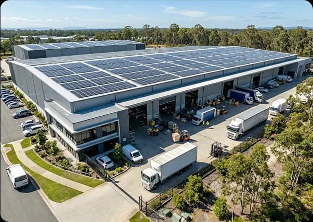 Factory rooftop covered with solar panels supporting a growing commercial operation