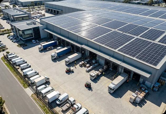 Solar panels across a manufacturing and logistics site roof powering production equipment