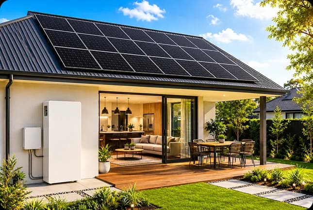 Home battery unit installed on a patio alongside a 6.6kW solar system