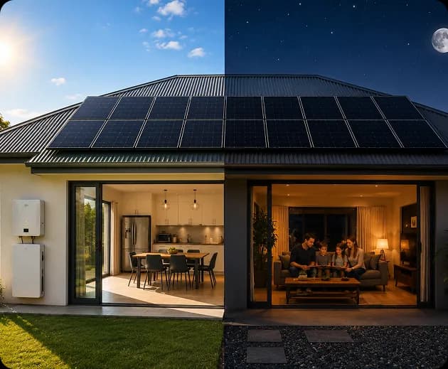 Split daytime and evening view of a solar-powered home showing energy usage patterns