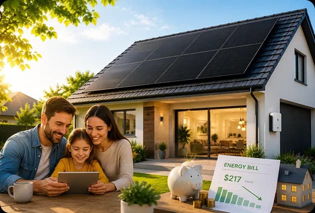 Suburban home with a compact rooftop solar array suited to average household energy use
