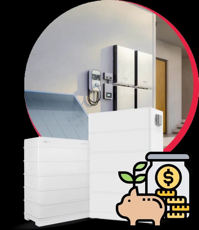Stacked home battery units beside a wall-mounted system and EV charger, the kind of install that qualifies in NSW