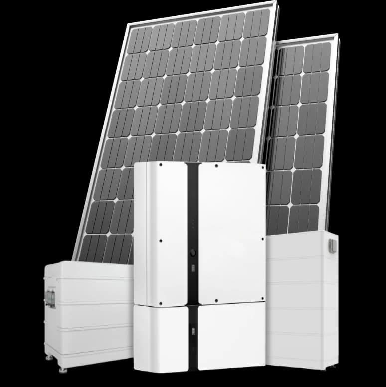 Home battery modules and a hybrid inverter in front of solar panels, the setup the NSW incentive scheme supports