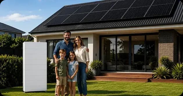 Solar battery storage unit mounted beside a home's switchboard