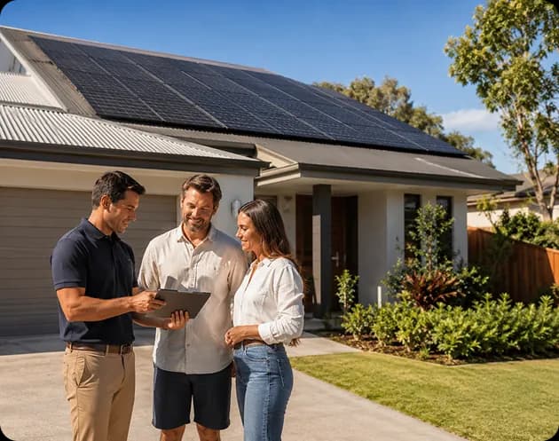 Solar installer talking through system options with a Brisbane homeowner