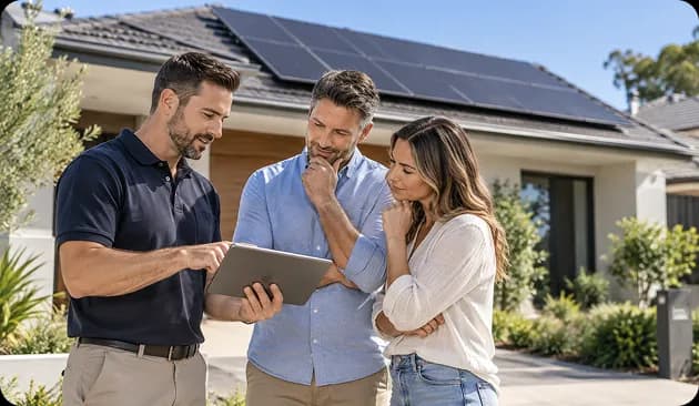 Solar consultant talking through panel options to help a Sydney homeowner avoid poor choices