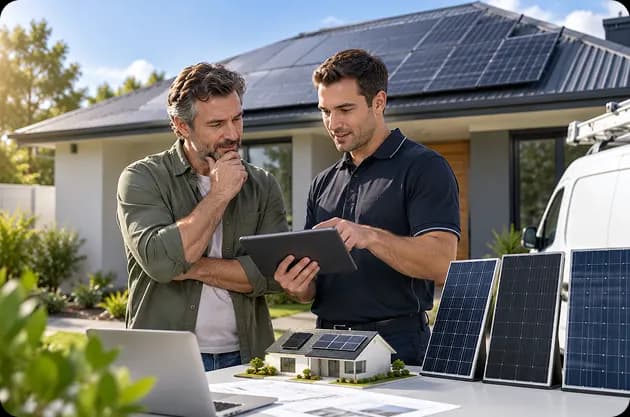 Solar Junction installer reviewing a system design with a Sydney customer
