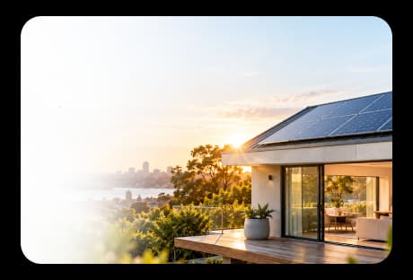 Solar Sharer offer: Free electricity explained - Modern home with solar panels overlooking city skyline.
