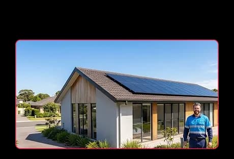 Modern home with solar panels installed on tiled roof with technician standing in front