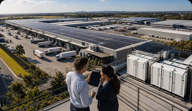 Commercial solar panels laid out with room for future expansion across a business rooftop