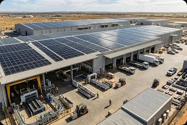 Wide commercial solar installation demonstrating the daytime output a 100kW system can deliver