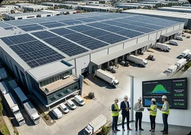 Solar panels on a commercial building roof, reflecting rising energy costs for large businesses