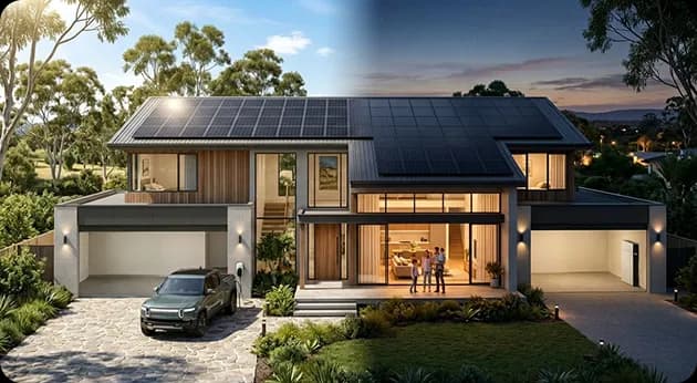 Home solar system paired with a battery for day and night energy use, plus EV charging
