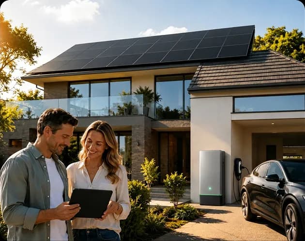 13kW solar system on a modern home with battery storage and electric vehicle