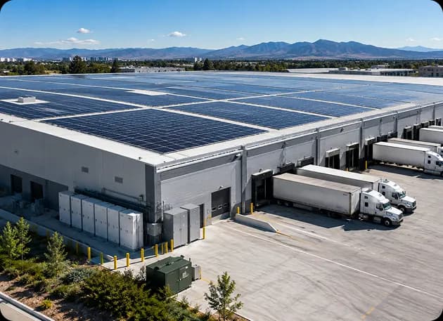 Large warehouse roof fitted with solar panels to power daytime operations