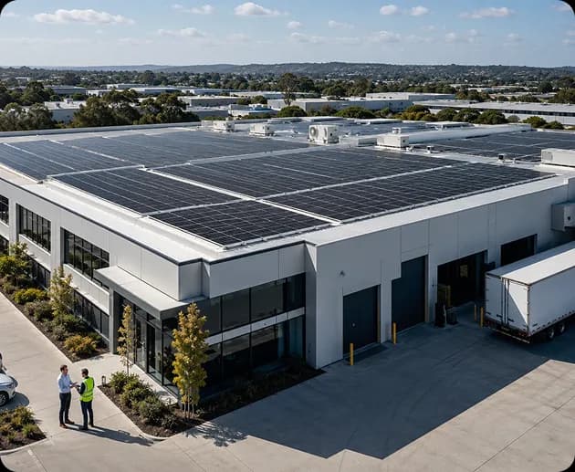 Australian commercial building with solar panels installed on its roof
