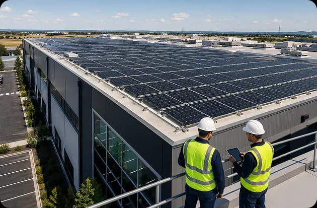 installation team fitting panels on a commercial rooftop