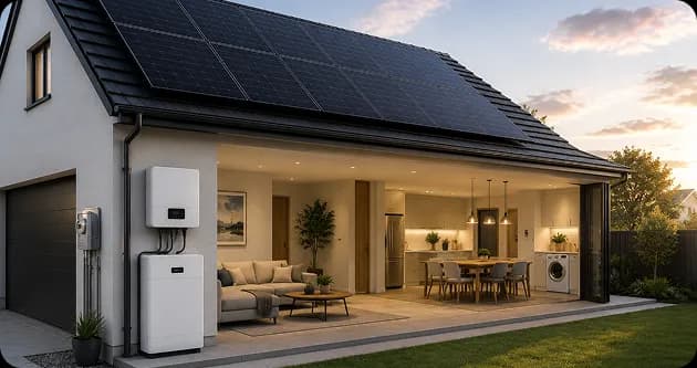 Solar panels and a home battery working together as a hybrid solar system