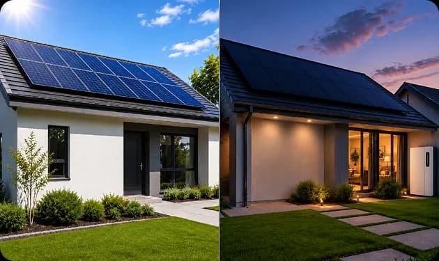 Home battery unit next to a standard rooftop solar panel installation