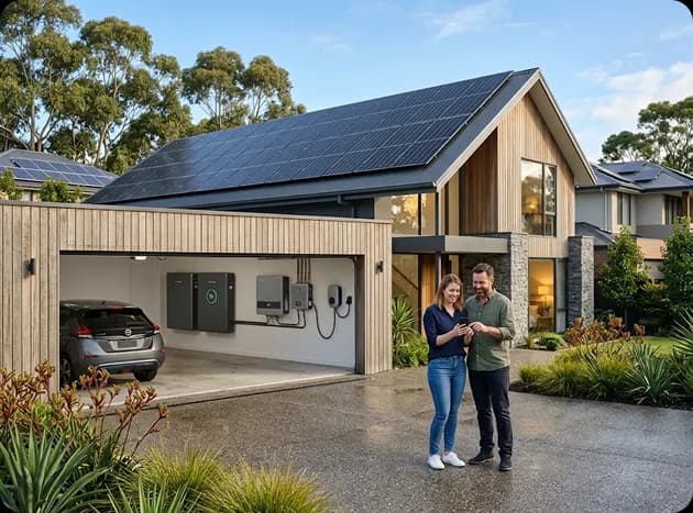 Australian home with rooftop solar and a battery unit mounted on an exterior wall