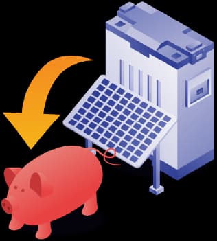 Illustration of a solar panel and home battery filling a piggy bank, the savings behind the NSW battery repayment