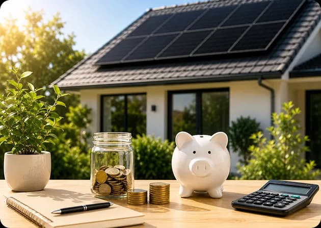 Coins and a calculator beside a piggy bank, representing rebates like the STC incentive
