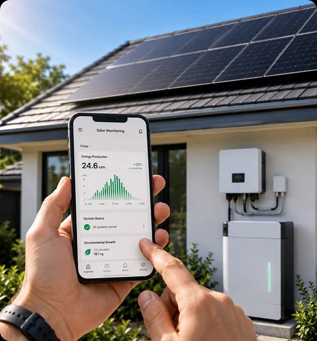 Smartphone displaying solar system performance data with a solar-panelled home in the background