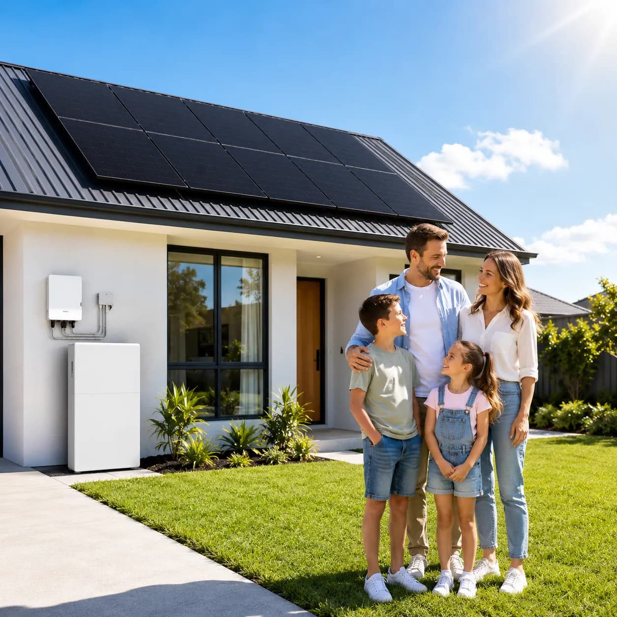 Australian family standing outside their home with rooftop solar panels and a battery