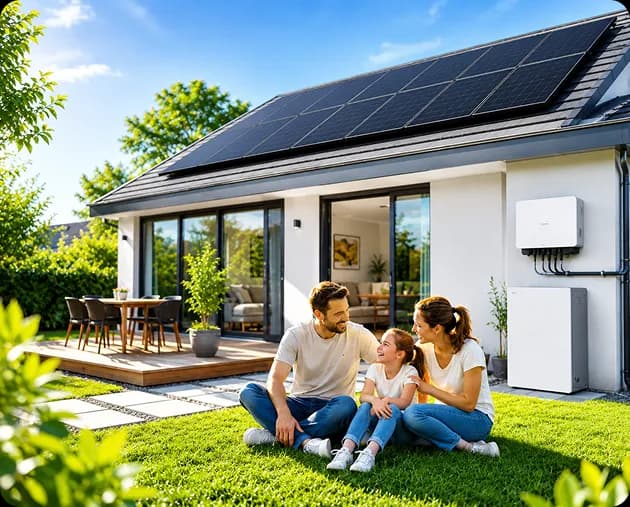 Australian homeowners sitting outside their solar-powered home
