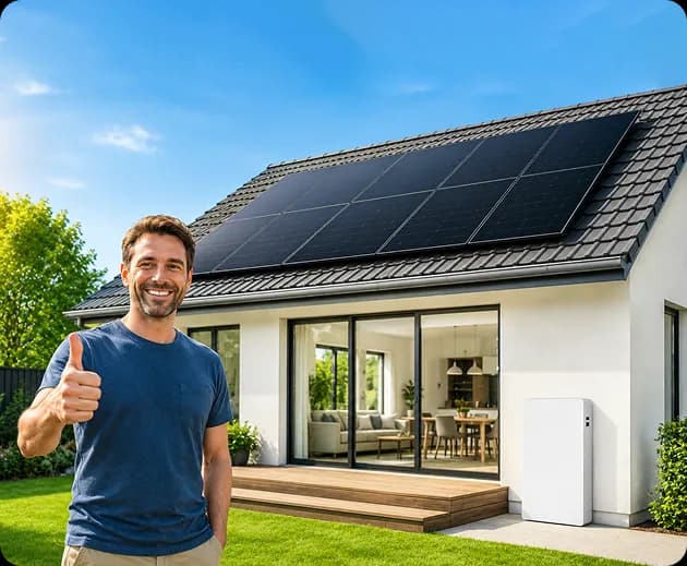 Residential homeowners outside their solar-powered home with battery storage