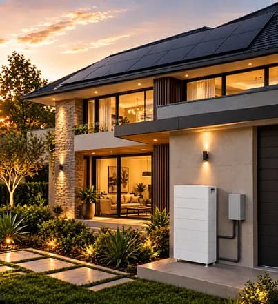 Two-storey home at sunset with a 10kW solar array on the roof and a battery storage unit out front