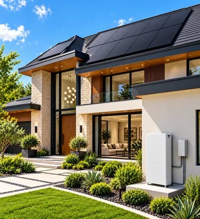 Large two-storey home in daylight with a 13kW rooftop solar array and a home battery in the garden