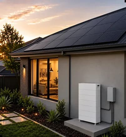 Single-storey home at dusk with a 6.6kW rooftop solar system and a white 14kWh battery beside the wall