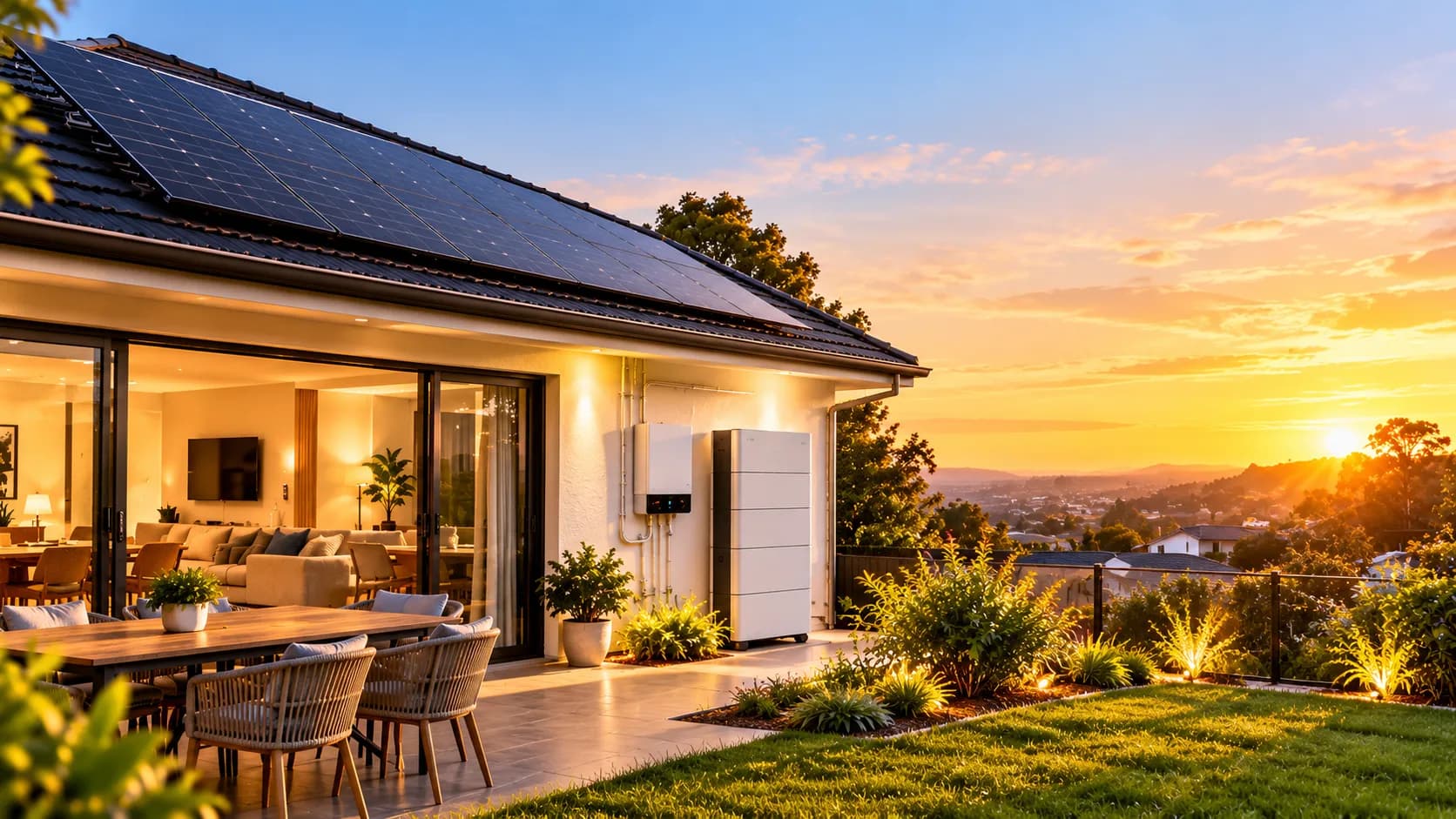 Modern house with rooftop solar panels and a home battery storage system at sunset.