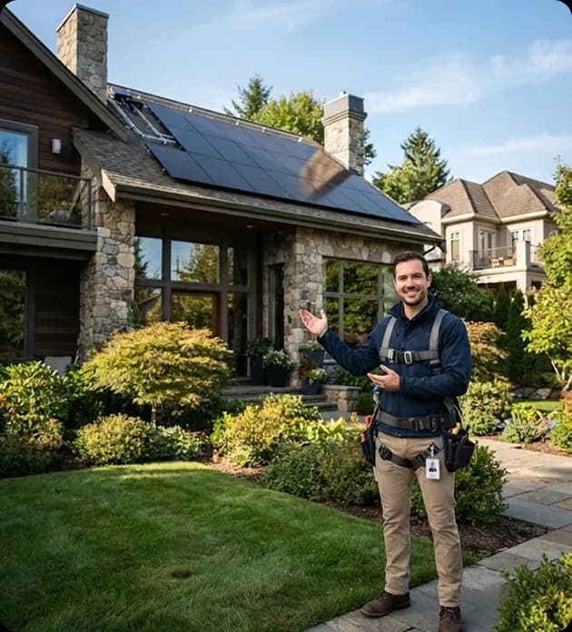 Installer checking roof shading and space before a solar setup