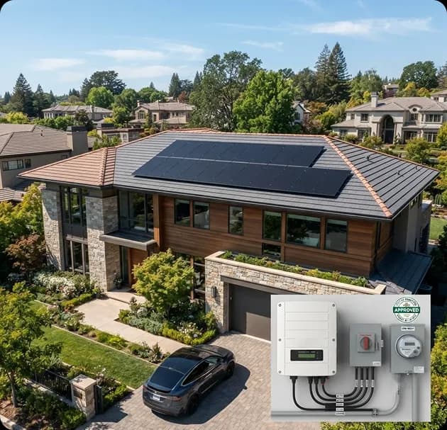 Close-up of solar panel and inverter components included in a home setup