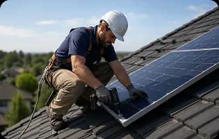 Installer fitting a solar panel system on an Adelaide rooftop