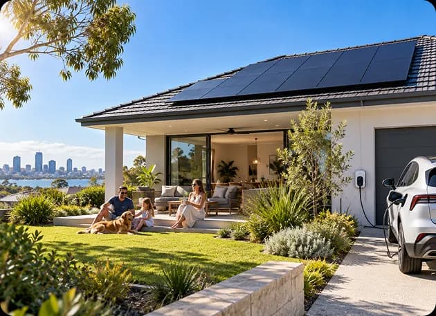 Sunlit solar panel system on a Perth rooftop generating power throughout the day