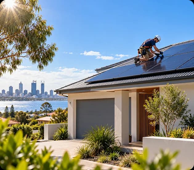 Installers fitting solar panels on a Perth roof ahead of the peak summer season