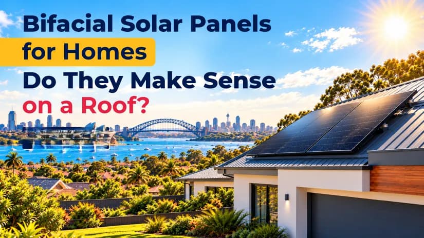 Modern house roof featuring bifacial solar panels with a city skyline in the background.