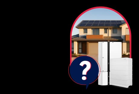 Illustration showing a modern Australian home with rooftop solar panels and solar batteries, accompanied by the text 'What Size Solar Battery Do I Need? Australian Homeowner’s Guide'