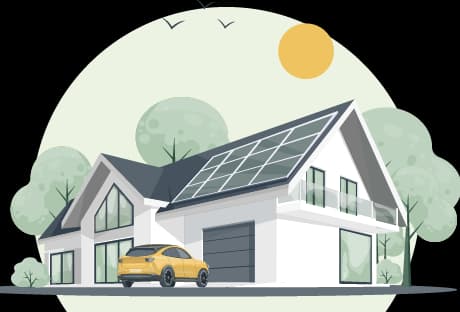Family standing in front of their home with installed solar panels, holding additional solar panels