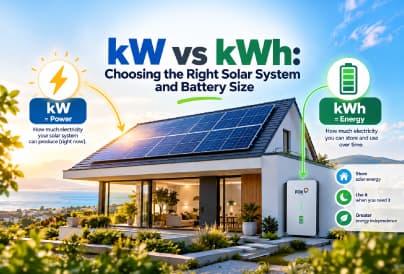 Infographic explaining kW vs kWh, showcasing rooftop solar panels for power generation and a home battery system for energy storage.