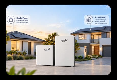Comparison of single-phase and three-phase solar batteries in front of a modern home.