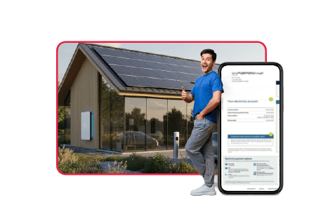 A happy homeowner standing beside a modern house with rooftop solar panels and an electricity bill displayed on a smartphone, illustrating the benefits of solar batteries and 2025 electricity bill relief in Australia