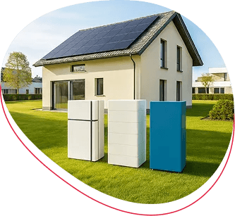 Modern home with rooftop solar panels and different types of solar batteries displayed on the lawn, representing common mistakes to avoid when buying a solar battery system.