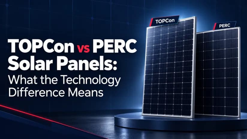 Two solar panels labeled TOPCon and PERC on a display stand illustrating solar technology differences.